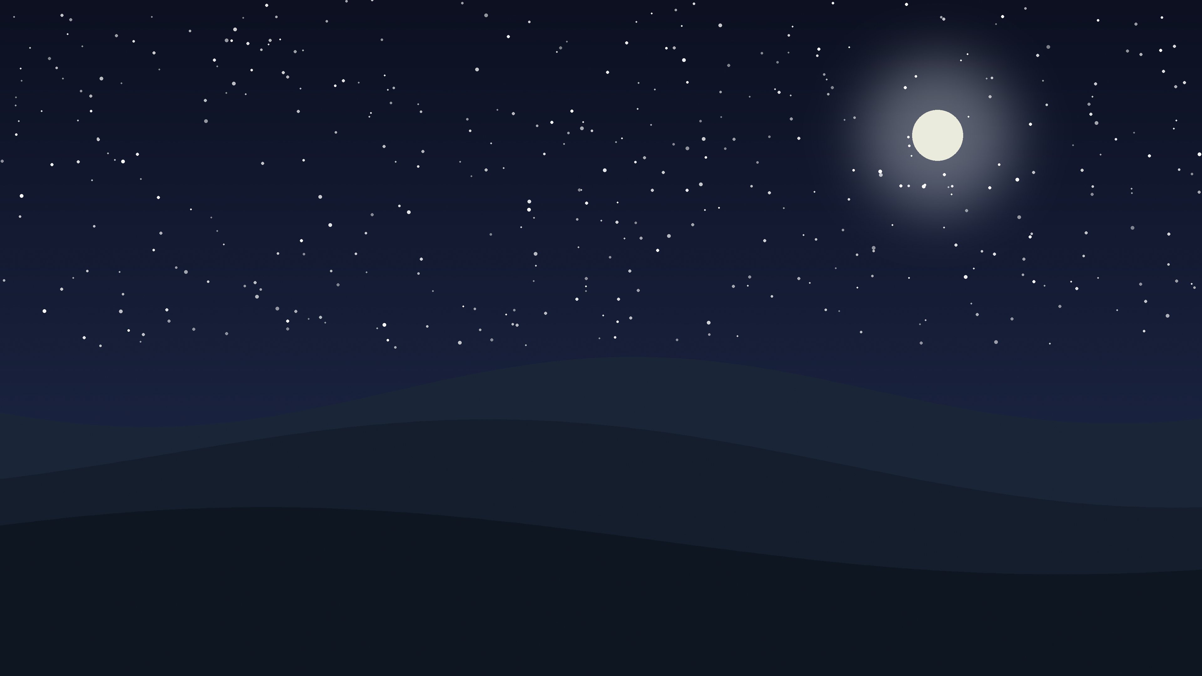 A moon and stars over dark hills